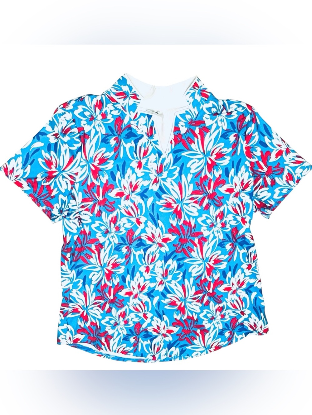 Jofit Top Golf Blue Red Tropical White Floral Mock/Split/Neck Short Sleeve Sz L - Picture 2 of 12